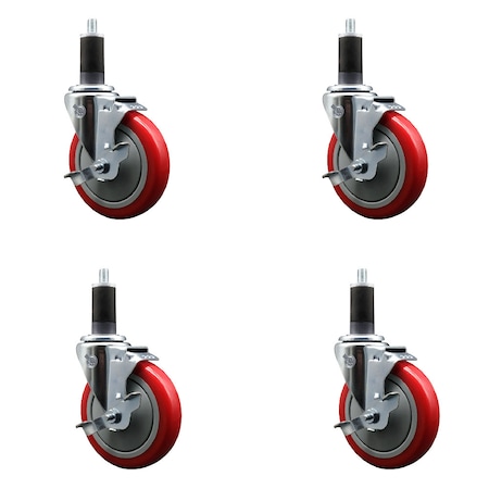 Service Caster 5'' Red Poly Swivel 1-1/4'' Expanding Stem Caster Set with Brake, 4PK SCC-EX20S514-PPUB-RED-TLB-114-4